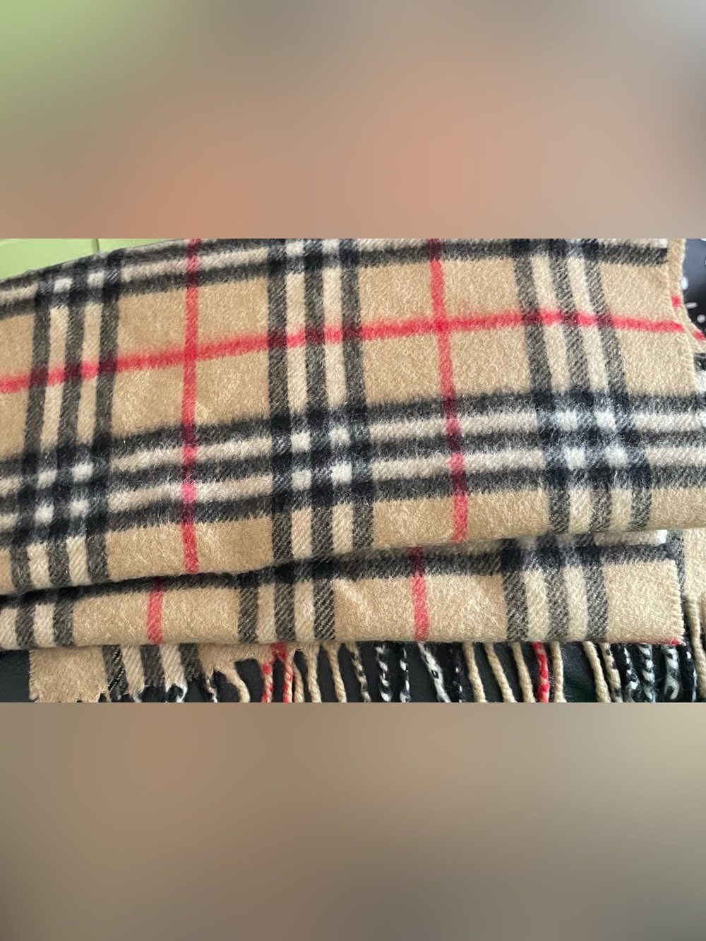 Burberry Beige Plaid Cashmere-Feel Fringe Scarf with Black & Red Checks